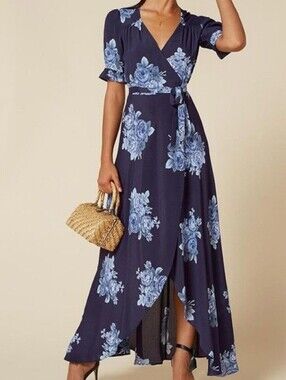 Reformation Blue Rose Floral Wrap Maxi Dress Small